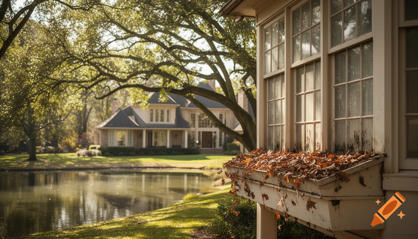 Photorealistic suburban home by a pond with fall leaves in a window box and dirty windows.