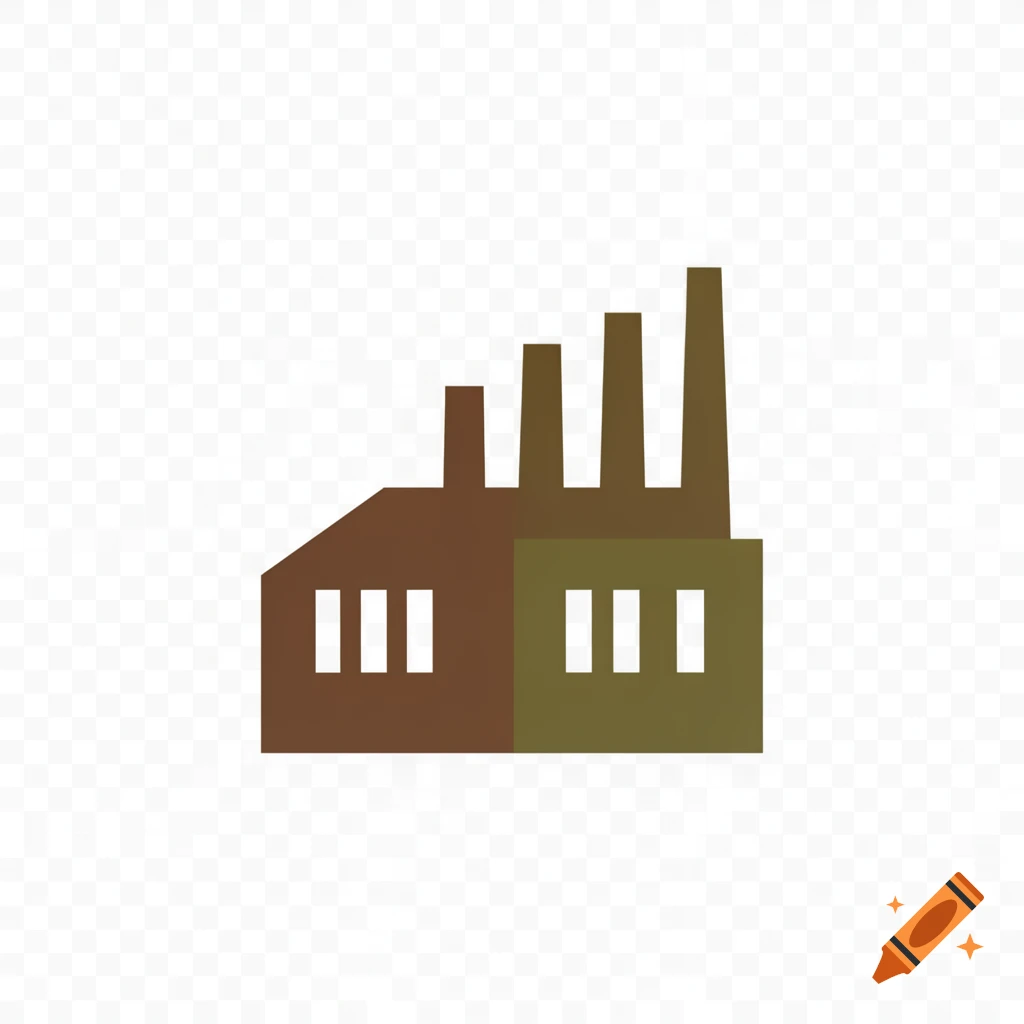 A minimalist vector icon of a factory building with several smokestacks, rendered in muted brown and olive green on a transparent background.