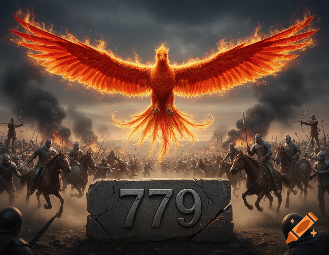 A fiery phoenix dominates a smoky battlefield filled with armored warriors and cavalry. A stone block with '779' stands in the foreground.