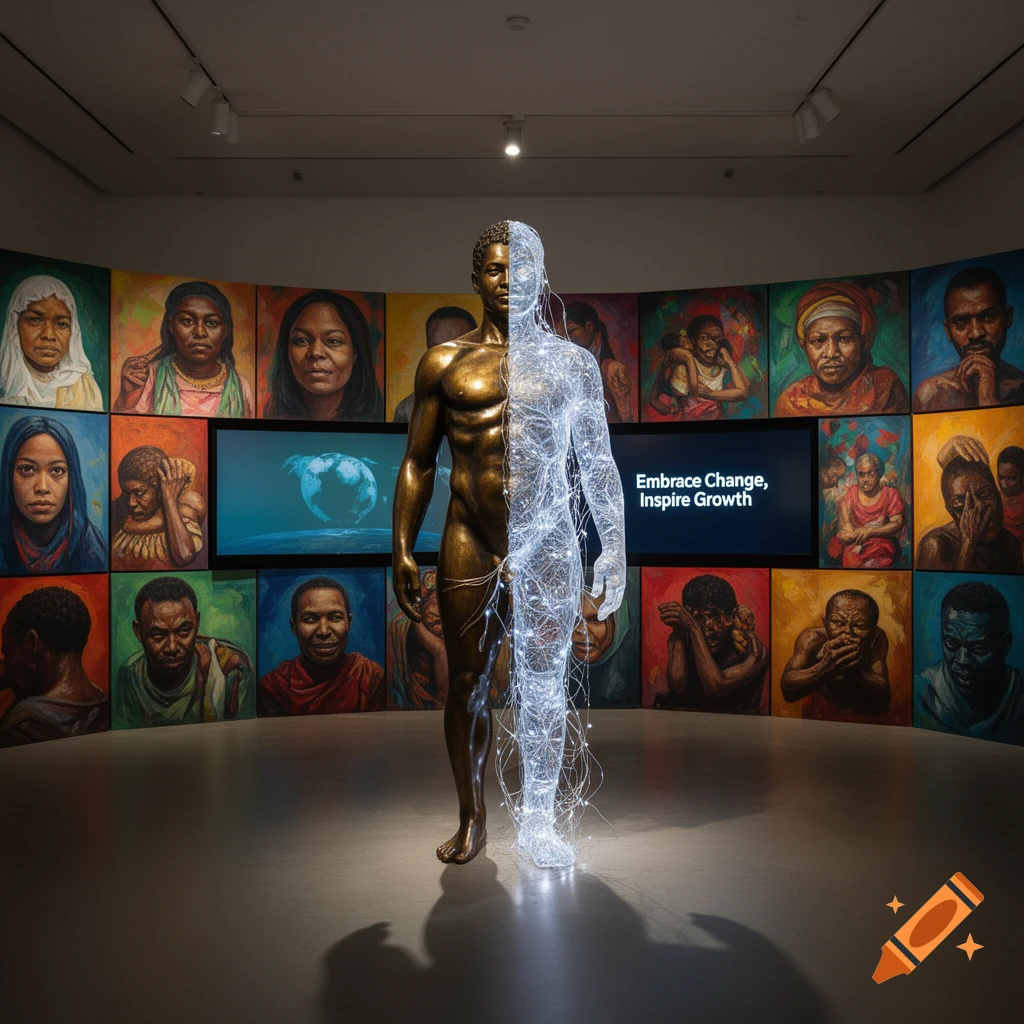 A sculpture of a man, half bronze and half glowing neural network, in an art gallery with diverse portraits and text 'Embrace Change, Inspire Growth'.