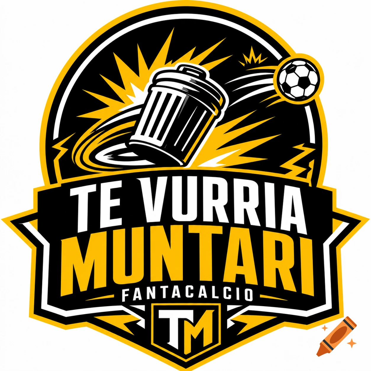 A black and yellow vector logo for 'TE VURRIA MUNTARI FANTACALCIO' featuring a stylized trash can and a soccer ball.