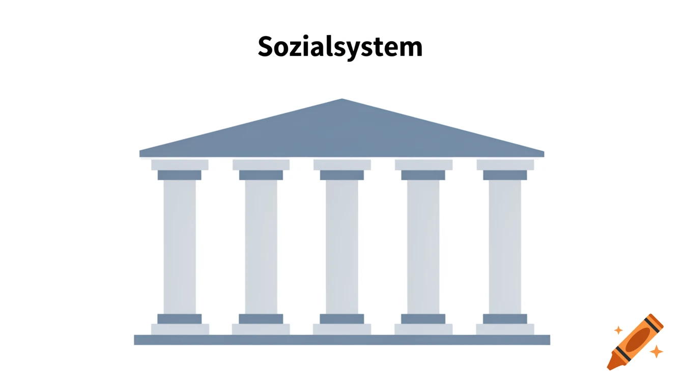 Minimalist flat design illustration of a building with five pillars and a roof, with "Sozialsystem" text above.