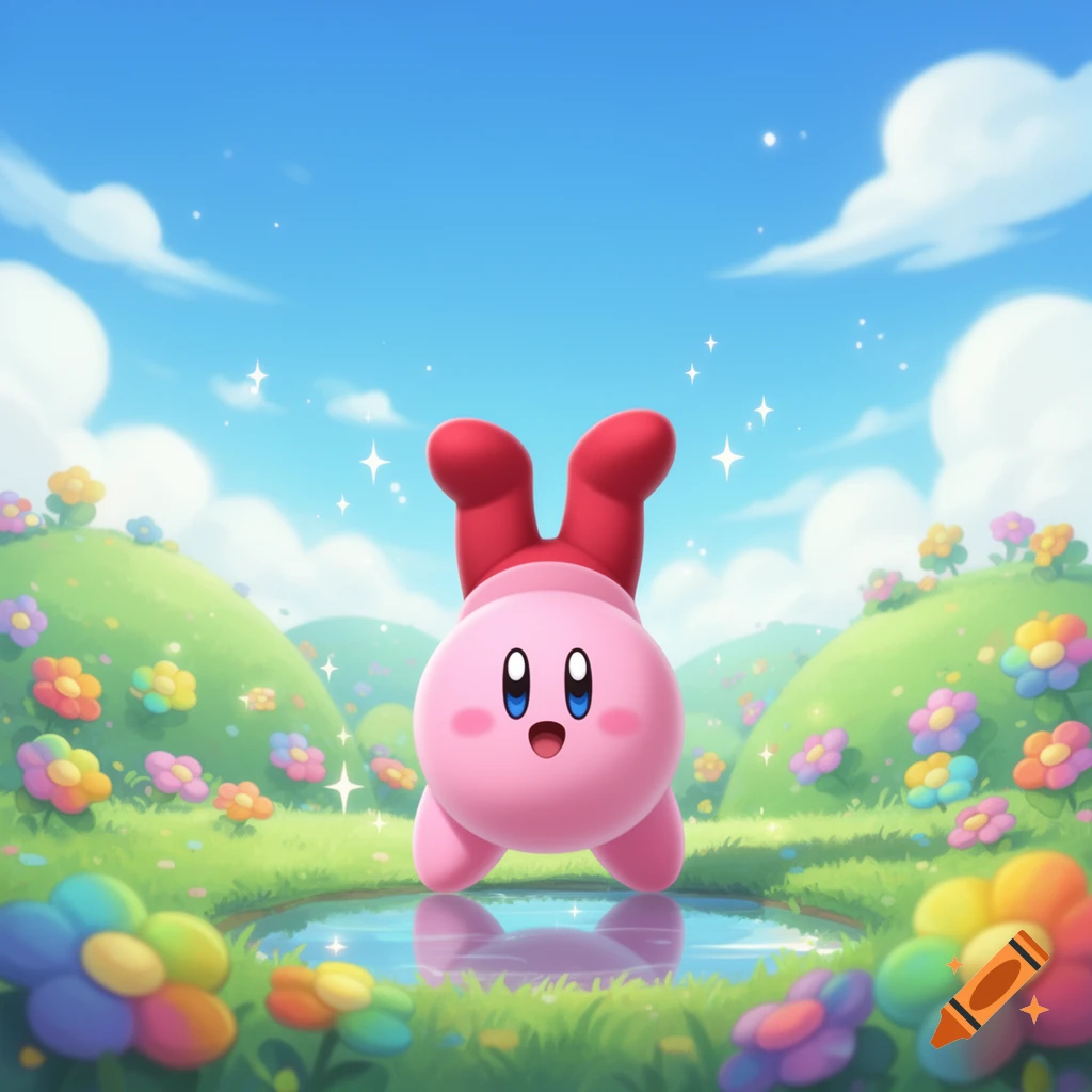 Kirby does a handstand in a vibrant, flowery field under a blue sky, with its reflection visible in a puddle.