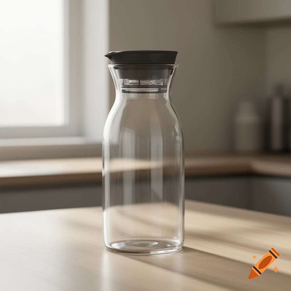 A transparent glass carafe with a dark grey lid sits on a light wooden countertop in a kitchen, with soft light from a window.