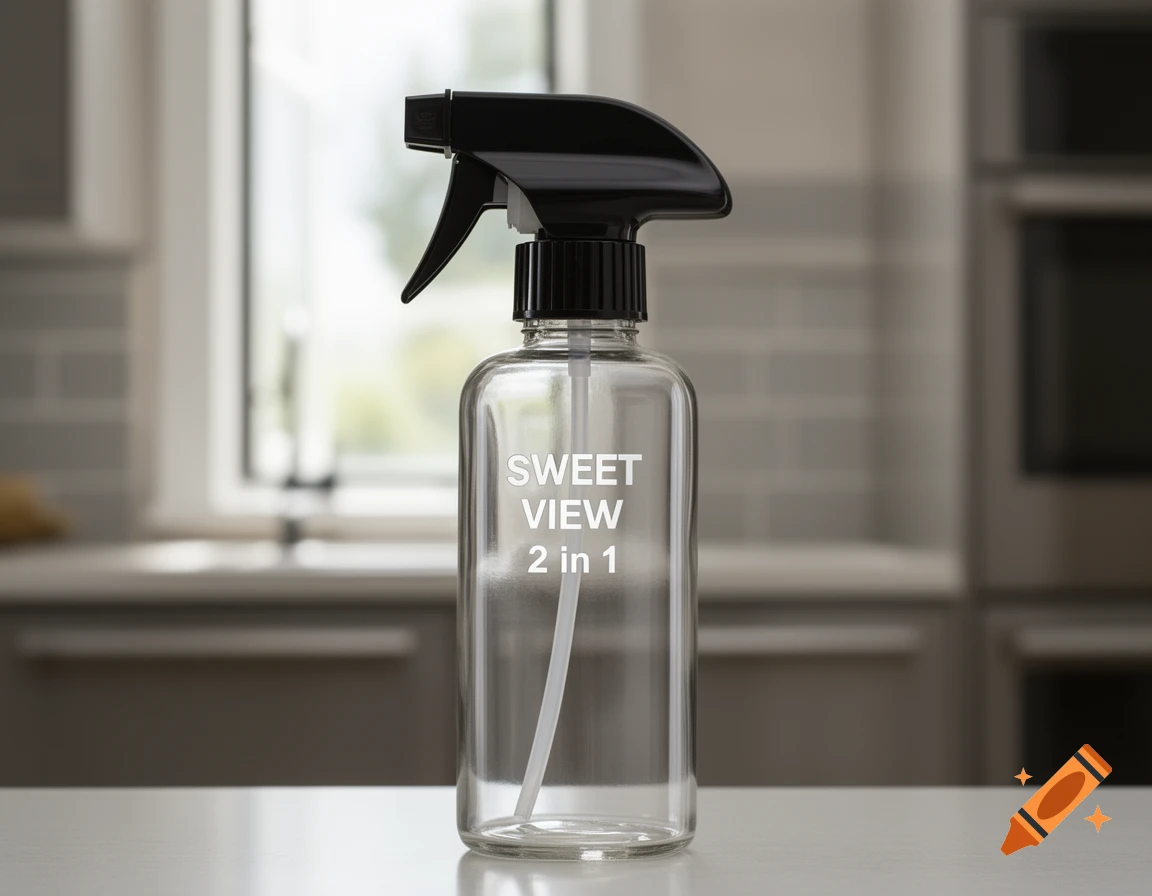 A clear glass spray bottle with a black trigger top, labeled 'SWEET VIEW 2 in 1', sits on a kitchen counter.