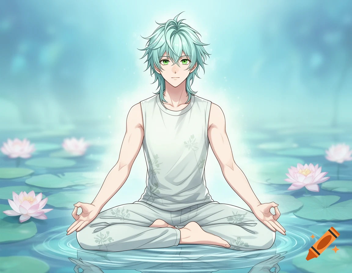 Anime man with green hair meditates in lotus position in tranquil water with pink lotus flowers, glowing serenely.