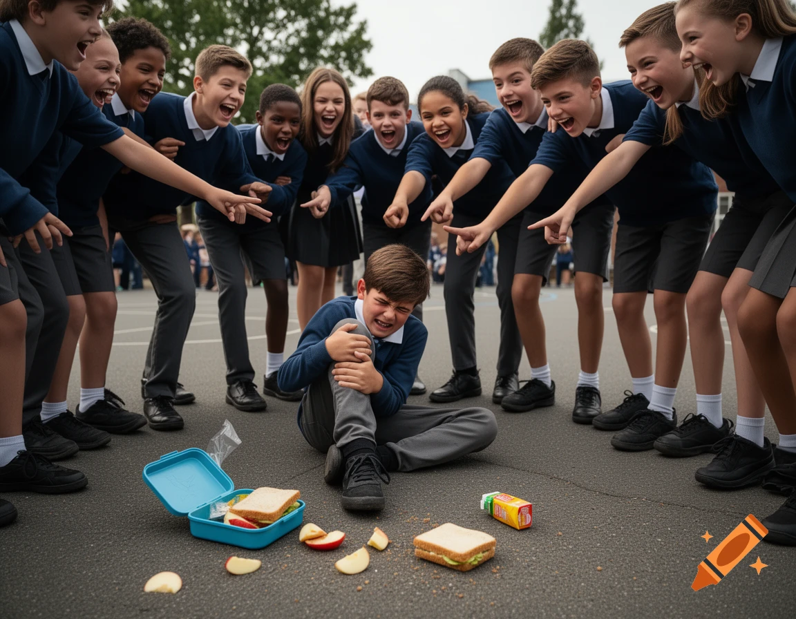A crying boy on a schoolyard ground holds his knee as other children in uniform stand around him laughing and pointing at his spilled lunch. Photorealistic.