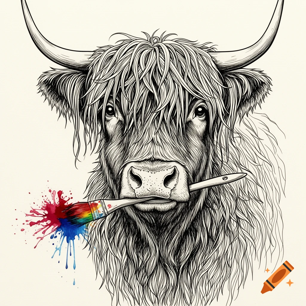 Line art illustration of a shaggy highland cow holding a paintbrush with colorful paint splatters in its mouth.