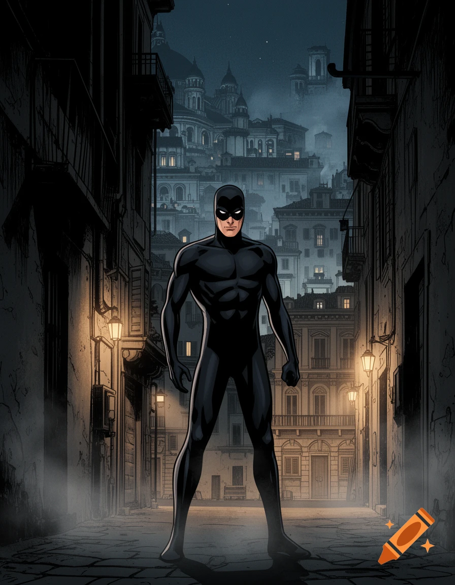 A masked superhero in a black suit stands in a dimly lit urban alley with classical buildings in the background at night, comic book style.