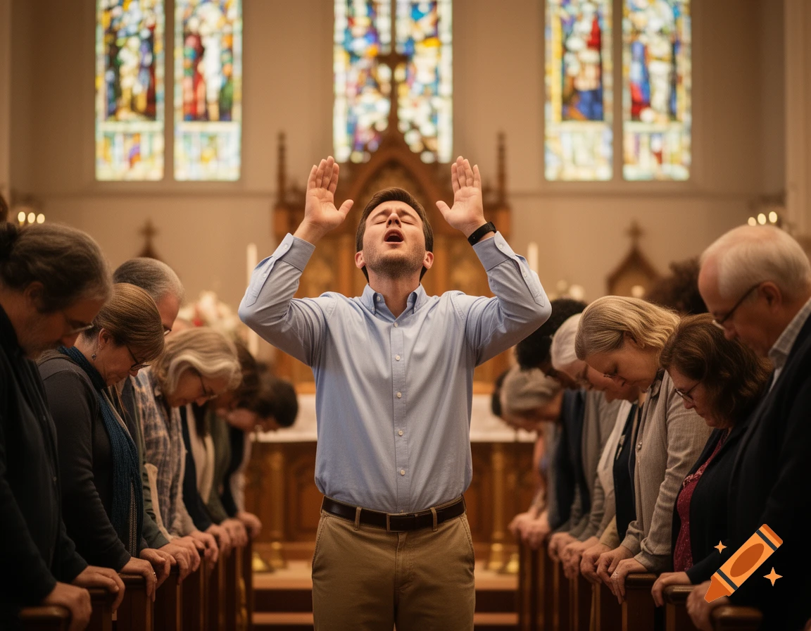 A man with arms raised in prayer leads a congregation in a church with stained glass windows.