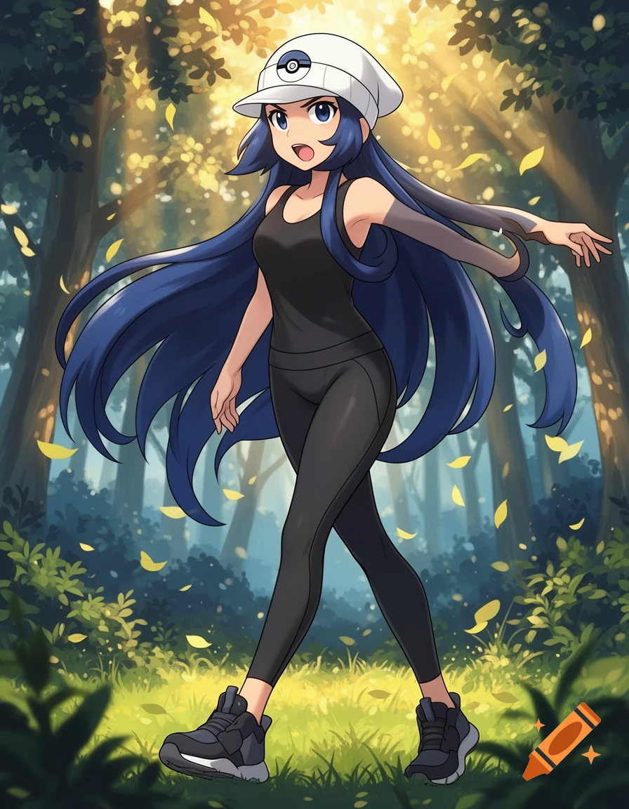 An anime-style female Pokémon trainer with long dark blue hair and a white cap walks through a sunlit forest.
