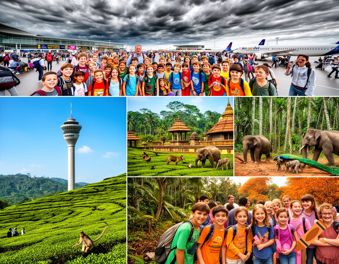 A collage showing a school trip to Sri Lanka, featuring children at an airport, a tower over tea plantations, elephants in a jungle, and kids in a forest.