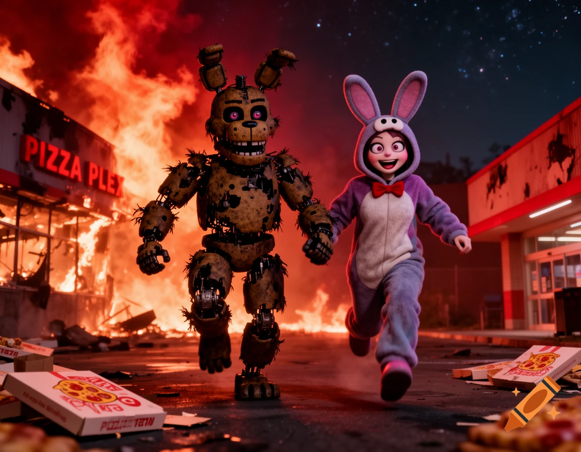 Springtrap and a girl in a purple bunny costume run from a burning 'PIZZA PLEX' building at night, with scattered pizza boxes on the ground. Stylized image.
