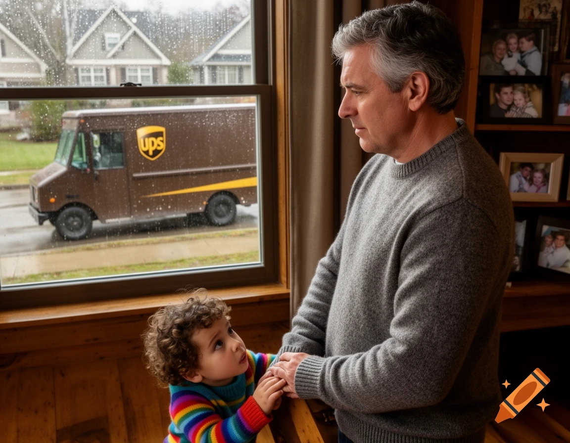 A man and a child look out a window at a brown UPS truck on a rainy street. The man has grey hair and wears a grey sweater, while the child has curly hair and wears a rainbow sweater.