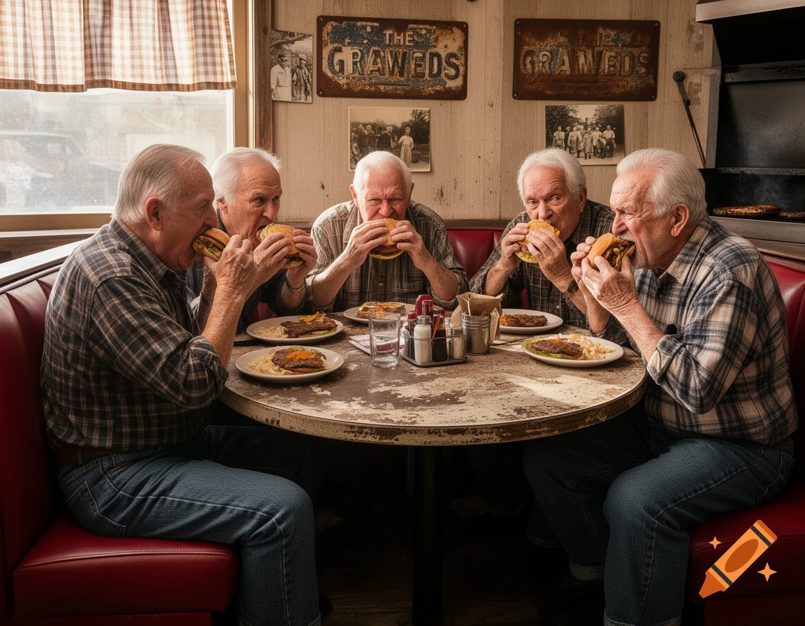 Five identical older men with white hair in a diner booth, intently eating large cheeseburgers. There are old signs on the wall.