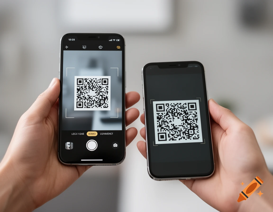 Two hands holding modern smartphones, one scanning a QR code displayed on the other in an ultra-realistic close-up photograph.