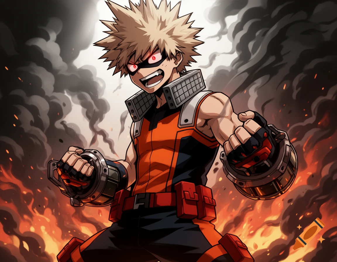 Angry anime character Katsuki Bakugo in his hero suit, with spiky blonde hair and red eyes, clenching fists amid smoke and explosions.