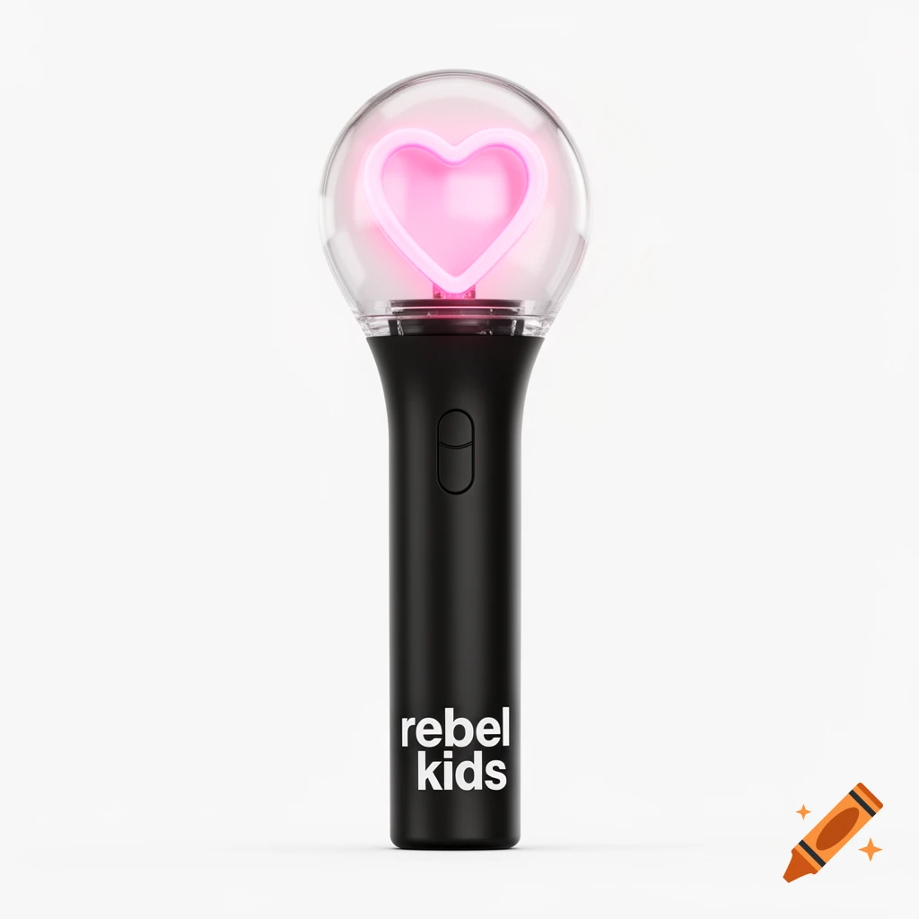 Black K-pop lightstick with a clear dome protecting a glowing pink neon heart, on a white background.