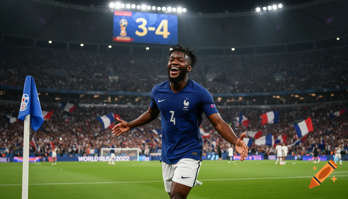 A male soccer player in a blue jersey celebrates on a stadium field at night, with a scoreboard showing 3-4 in the background.