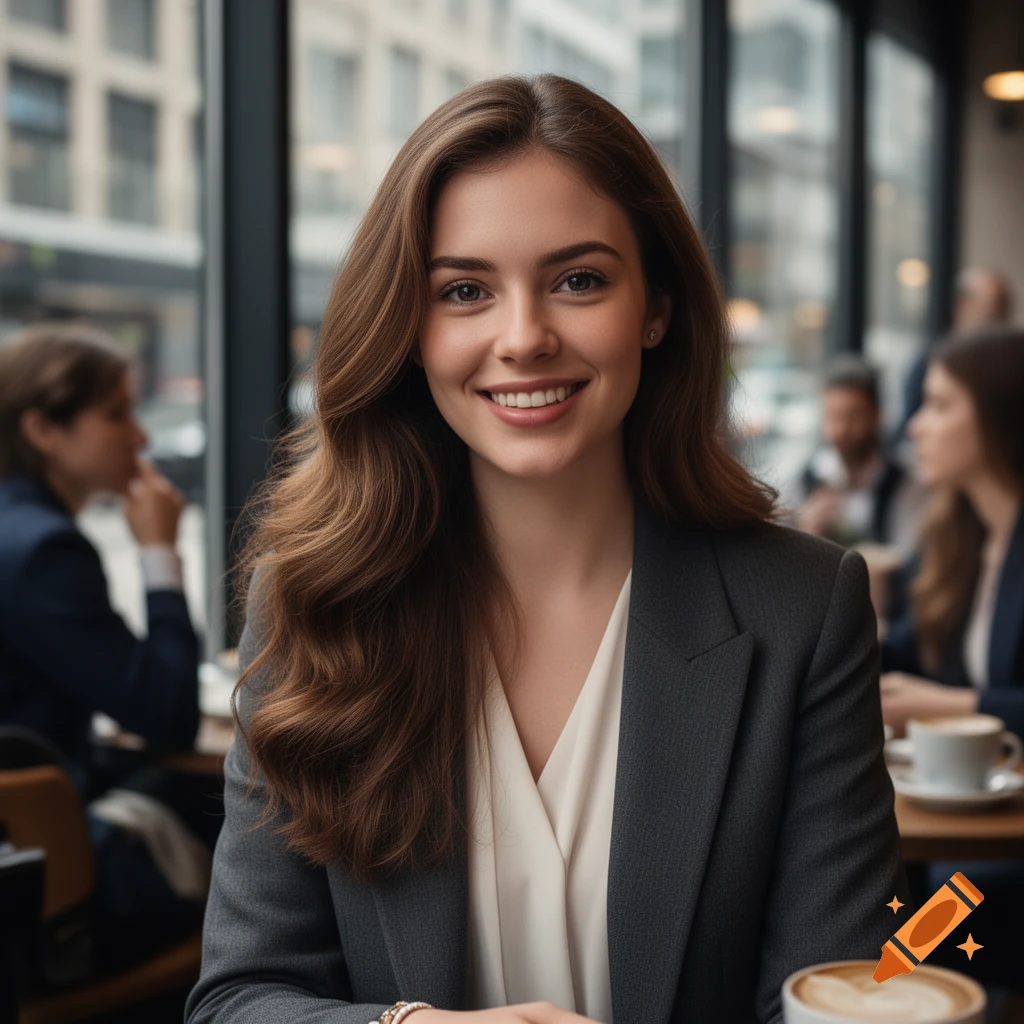 Photorealistic portrait of a smiling young woman in a blazer, seated in a cafe with a blurred background.