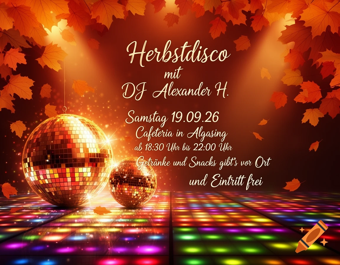 An autumn disco invitation with two shimmering disco balls on a colorful lighted dance floor, surrounded by falling orange and red autumn leaves. German text details the event.