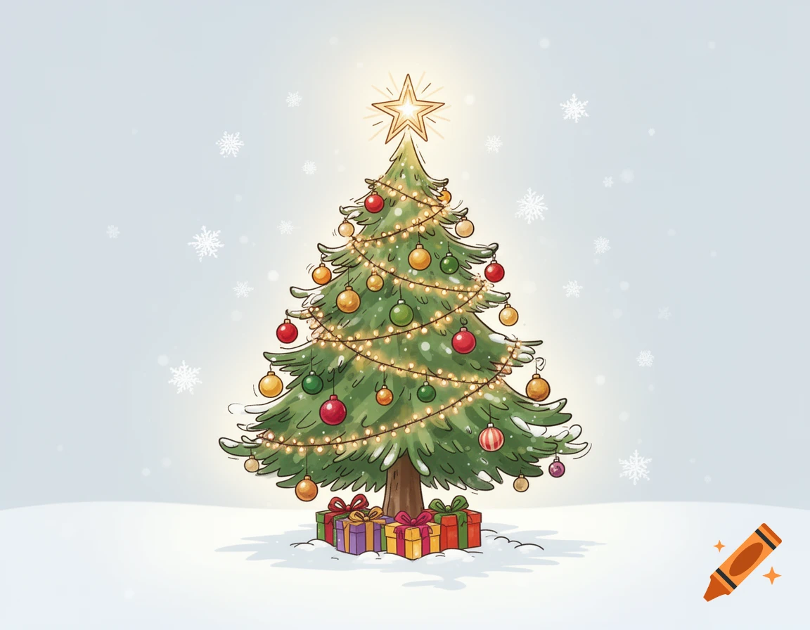 Cartoon Christmas tree decorated with lights, red and gold ornaments, presents at its base, with falling snow.