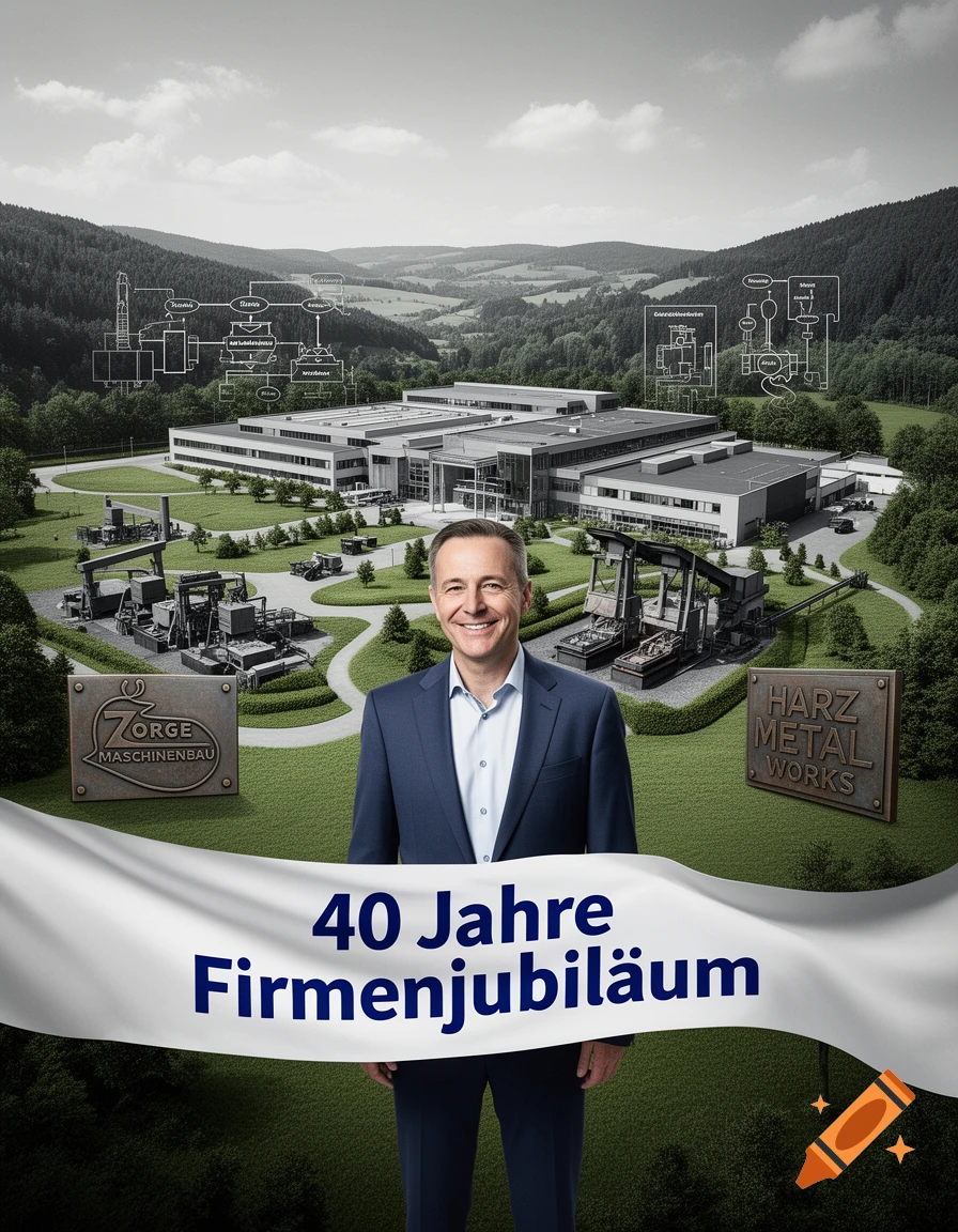 Man in suit smiling in front of a factory and industrial machinery, with a banner reading '40 Jahre Firmenjubiläum'.