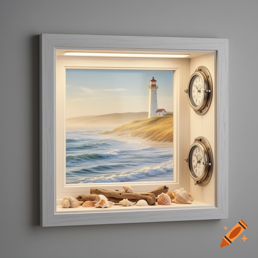 A white shadow box showing a beach with a lighthouse and waves, decorated with seashells, driftwood, and two porthole clocks.