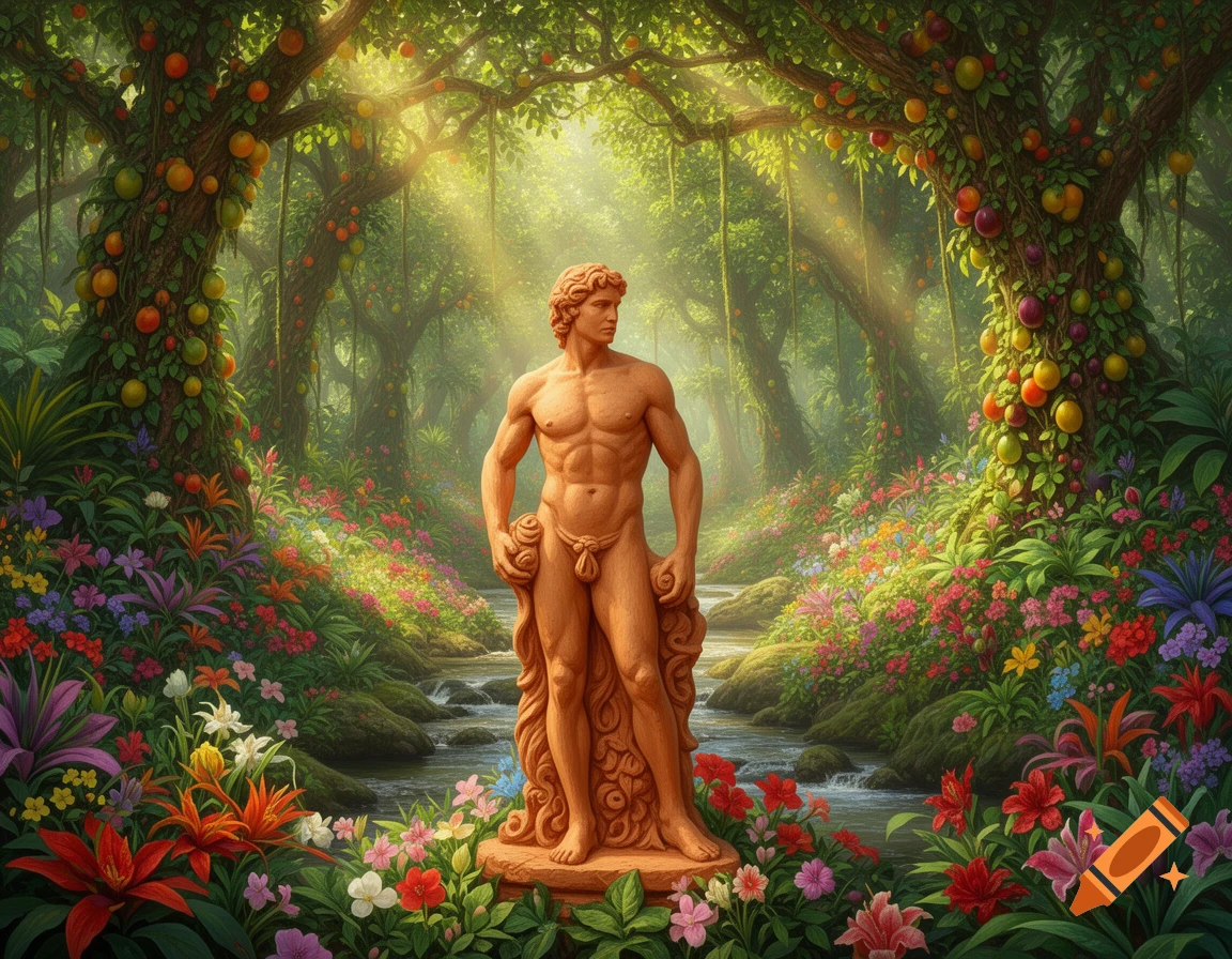 A realistic sculpture of a man in the lush Garden of Eden, surrounded by vibrant flowers, fruit trees, and a river under sunlit trees.