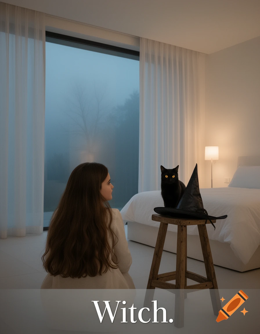 A mysterious scene with a girl and a black cat next to a witch's hat in a modern bedroom with a foggy window, labeled 'Witch.'.