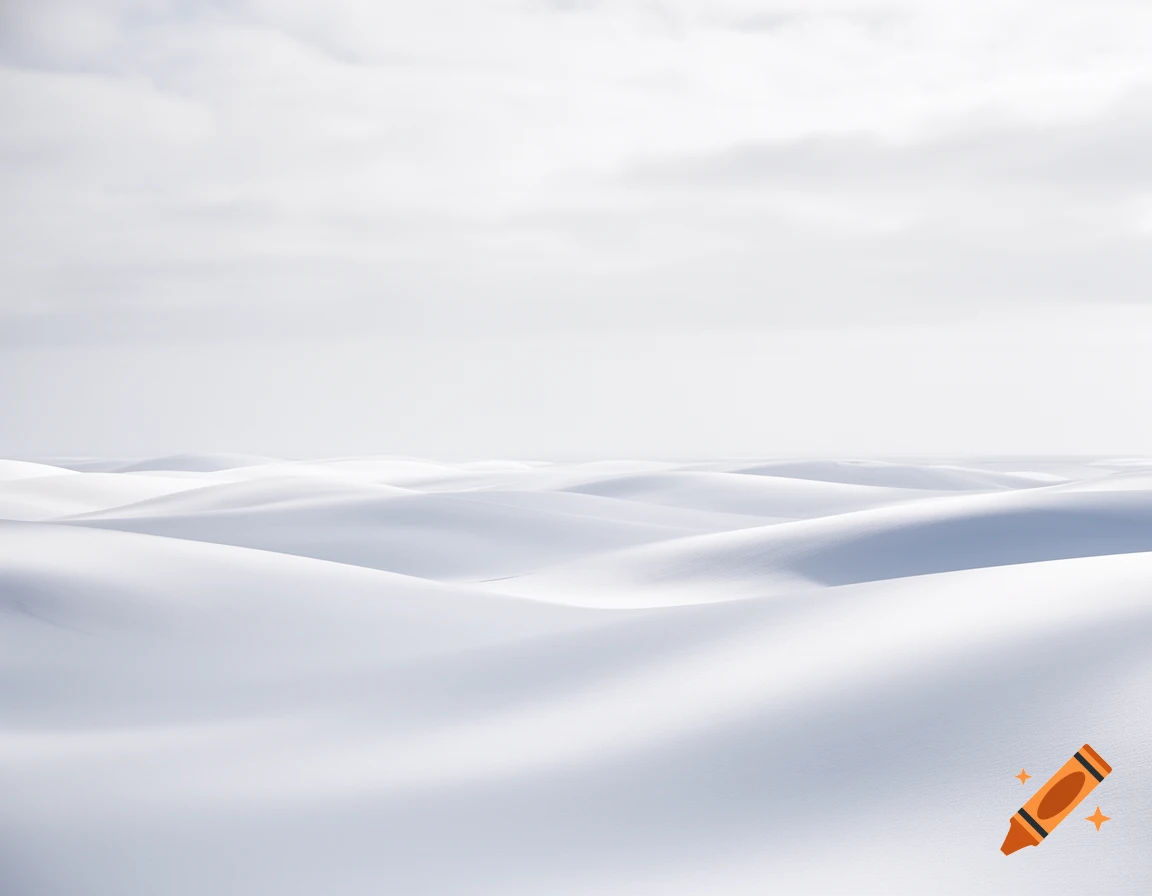 Rolling white snowy hills under a pale cloudy sky, creating a liminal atmosphere.