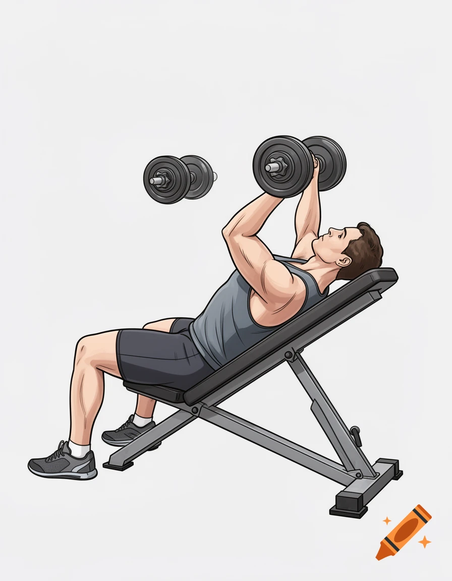 Illustration of a man performing an incline dumbbell press on a weight bench.