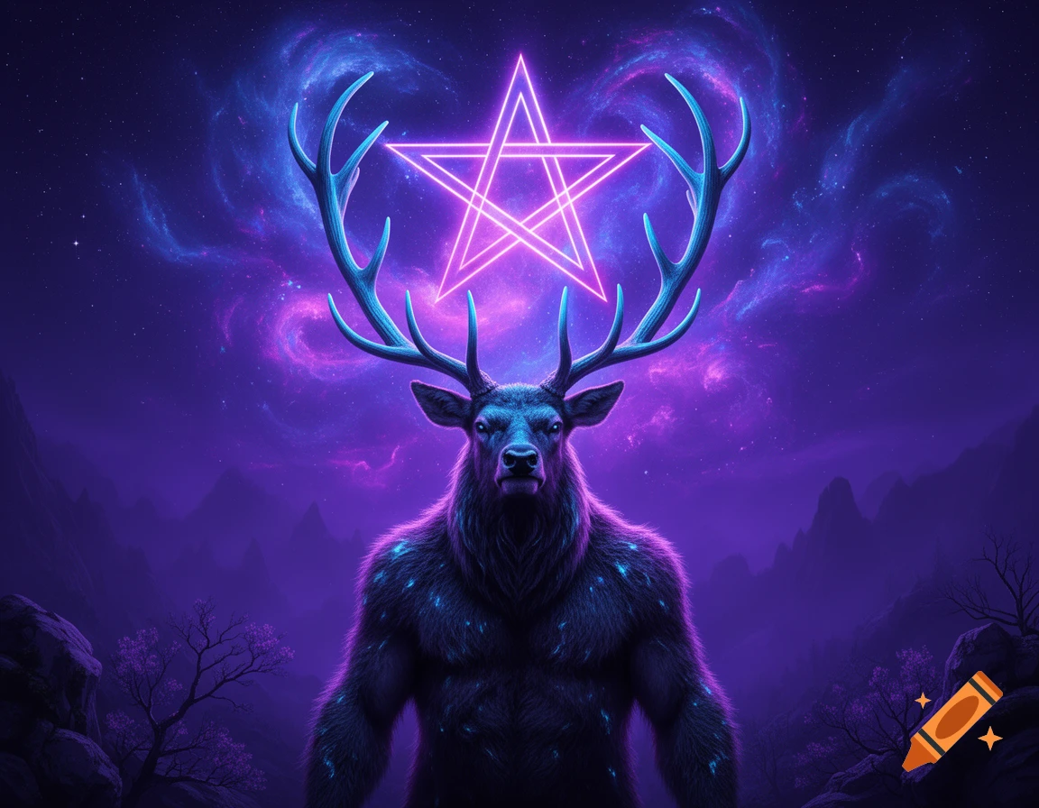 A muscular, furry humanoid with a deer head and antlers stands in a purple sci-fi landscape under a glowing neon pentagram.