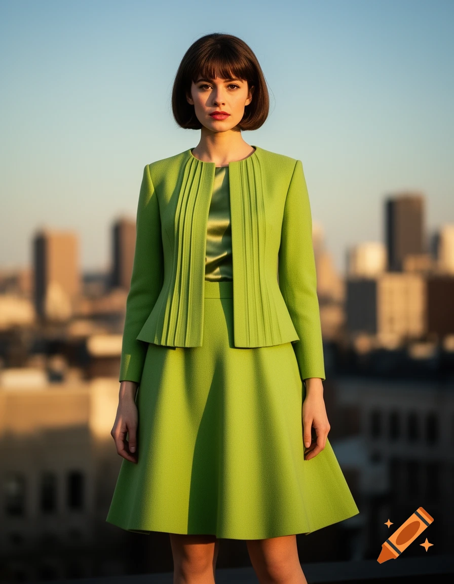 A woman in a lime green 1960s two-piece suit with a pleated jacket and A-line skirt on a city rooftop.
