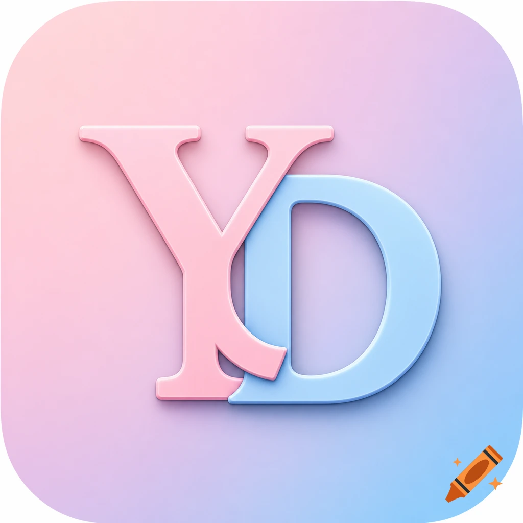 A pastel pink 3D letter Y overlapping a pastel blue 3D letter D, set against a soft pink and blue gradient background.
