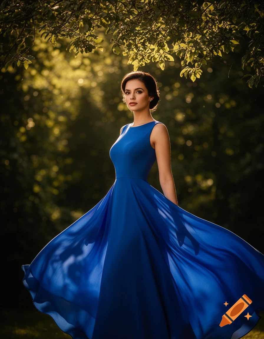 Photorealistic portrait of a woman in a flowing blue dress posing under green foliage.