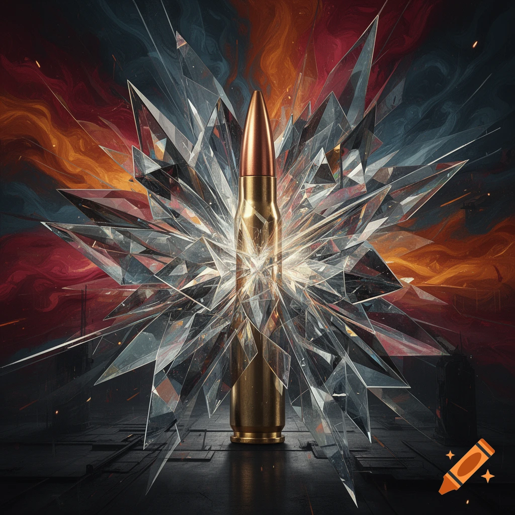 A golden bullet at the center of a clear crystal explosion against a fiery, abstract red and orange background.