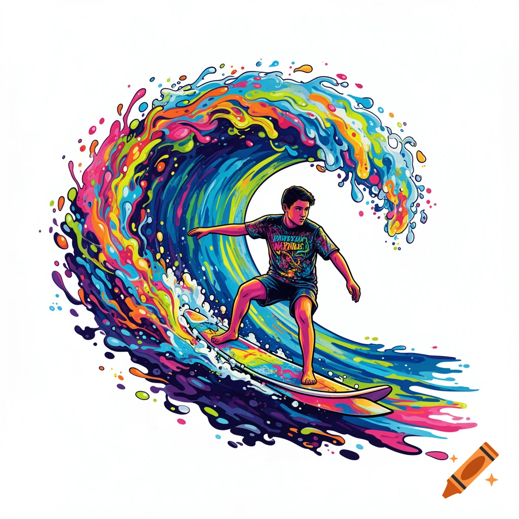 Illustrated surfer riding a vibrant wave of colorful paint splashes on a white background, in a bold neon street art style.