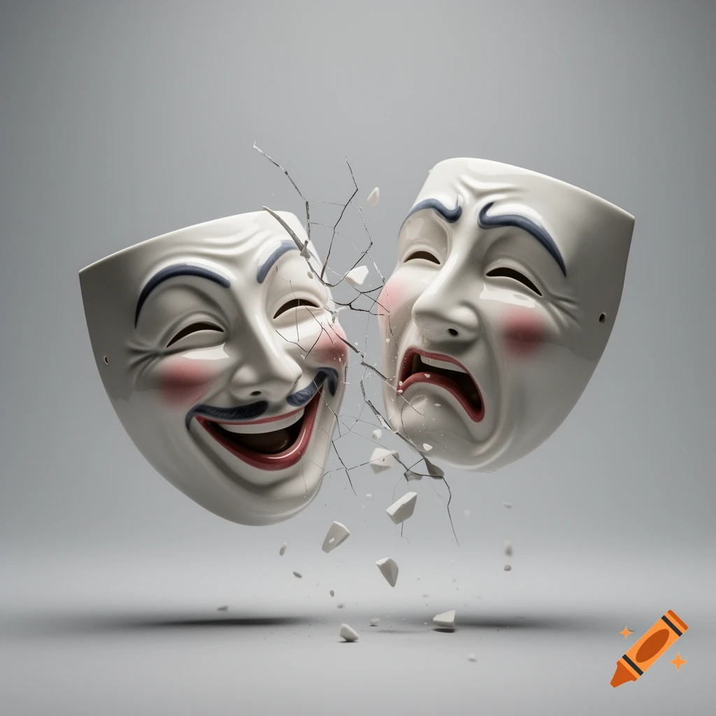 Two white ceramic drama masks, one laughing and one crying, collide and shatter with pieces flying, against a gray background.