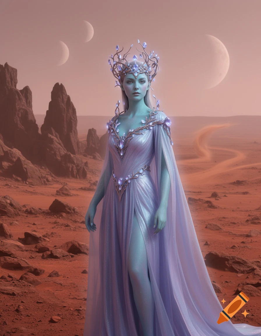 A blue-skinned queen in an elaborate shimmering purple gown and crown stands on a red, rocky alien planet under a rose-colored sky with two moons.