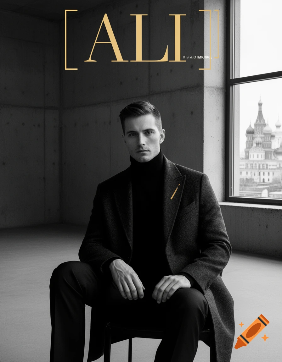 A handsome man in a black turtleneck and wool coat sits in a concrete room with a view of a church, styled as a magazine cover.