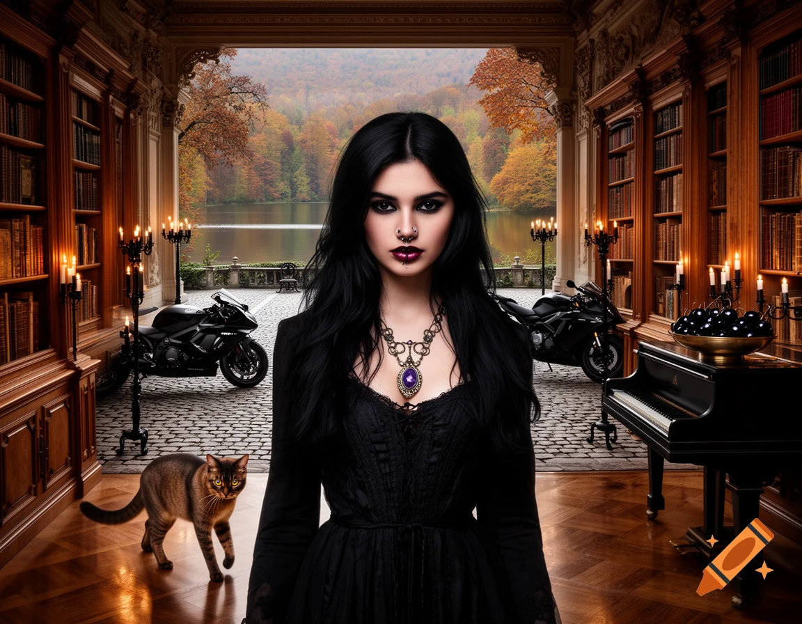 A gothic woman with dark hair and piercings stands in a luxurious mansion library, with motorcycles outside, a lake, and autumn trees in the background. A cat walks on the wooden floor.