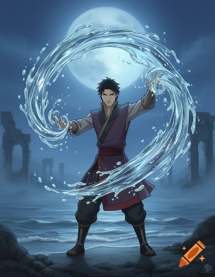 An anime-style Zuko waterbending a large, swirling arc of water under a full moon by a stormy sea with ruins in the background.
