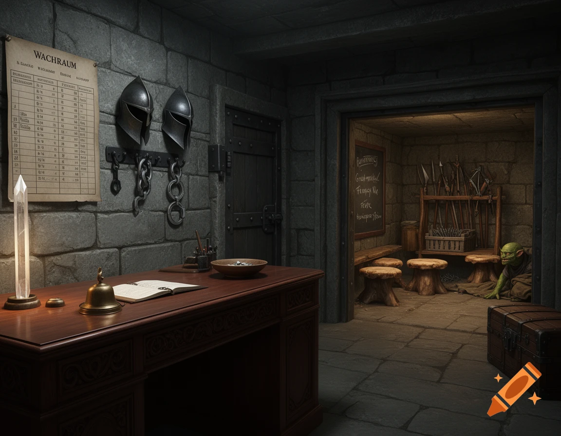 A dimly lit fantasy guard room with stone walls, a wooden desk, and a goblin-like creature in the adjacent armory.