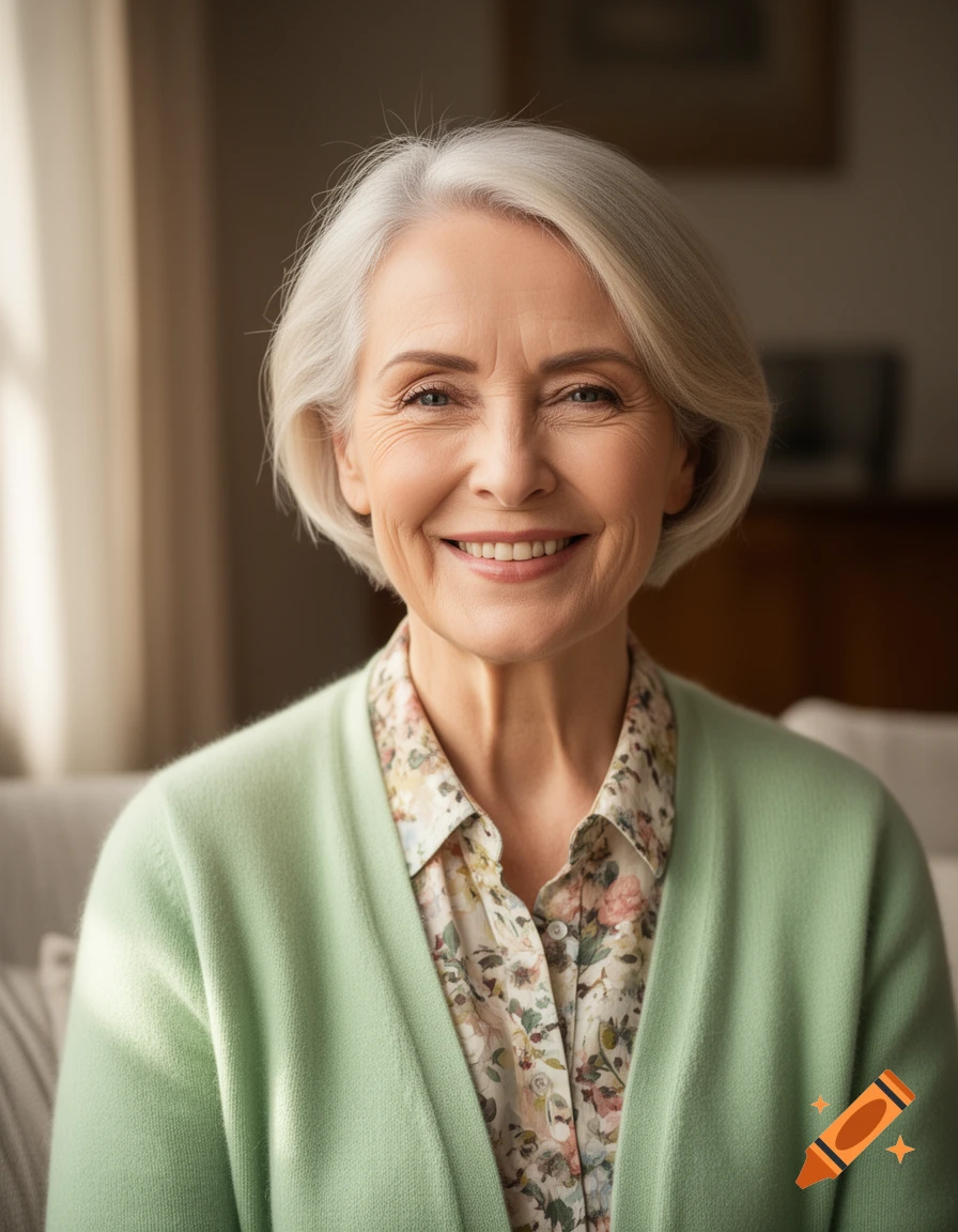 Photorealistic portrait of a smiling older woman with short white hair, wearing a floral shirt and light green cardigan.