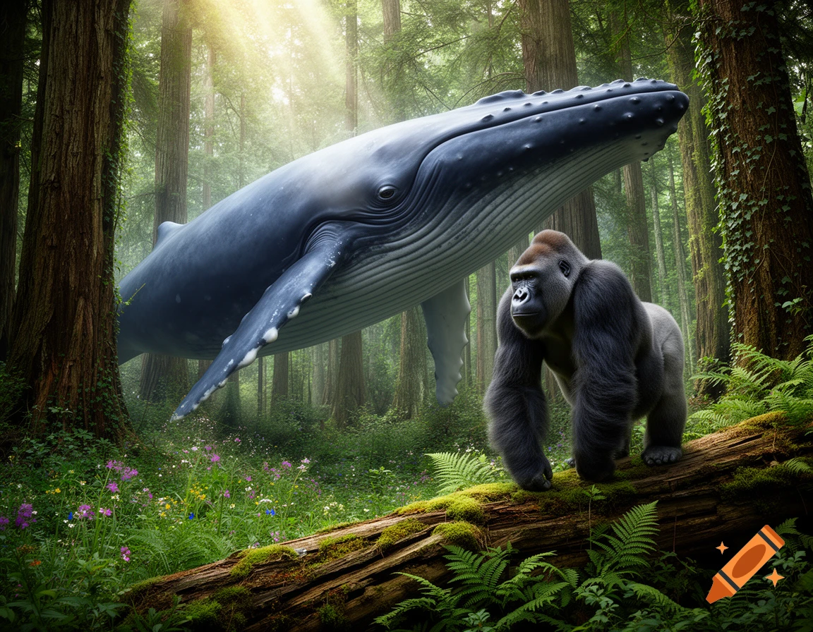 A giant blue whale floats amidst tall trees in a sunlit forest, with a gorilla standing on a mossy log below.