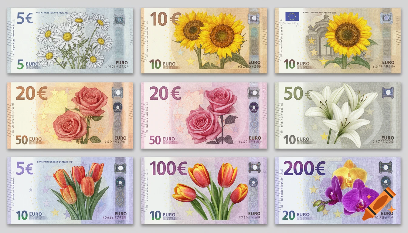 Nine euro banknote designs featuring different flower bouquets, including daisies, sunflowers, roses, lilies, tulips, and orchids.