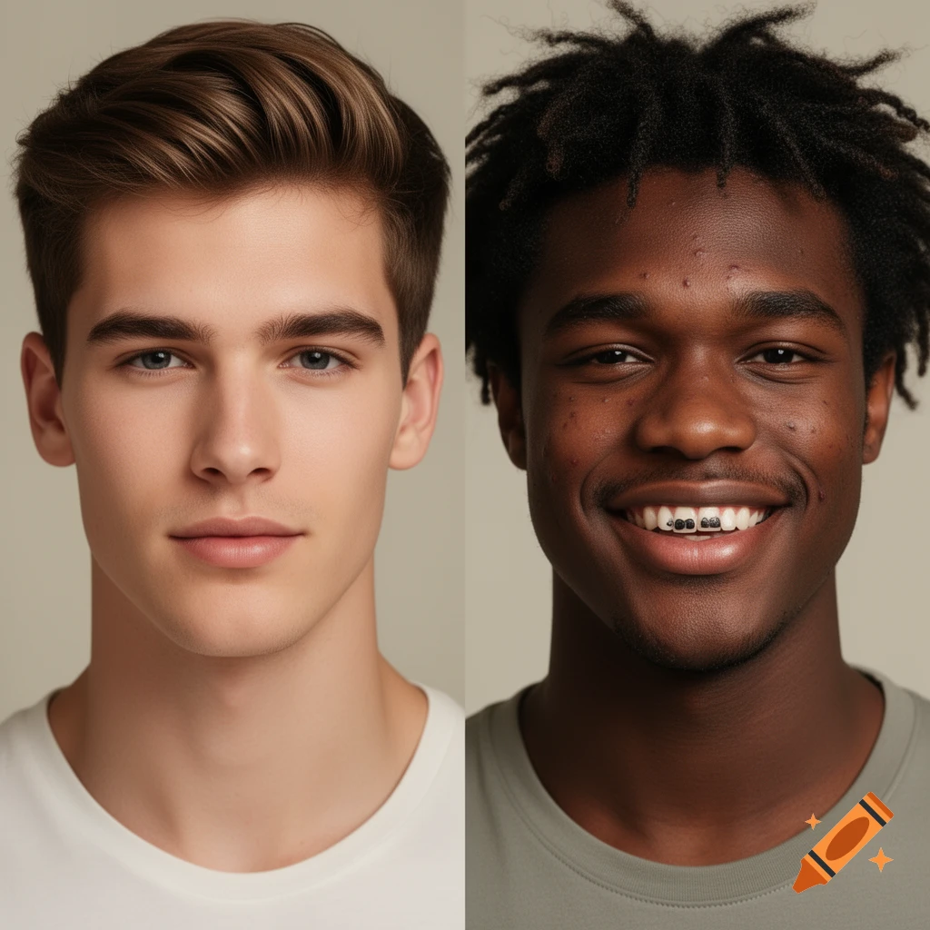 Side-by-side photorealistic portraits of two young men; one white with a neutral expression, one black smiling with braces.
