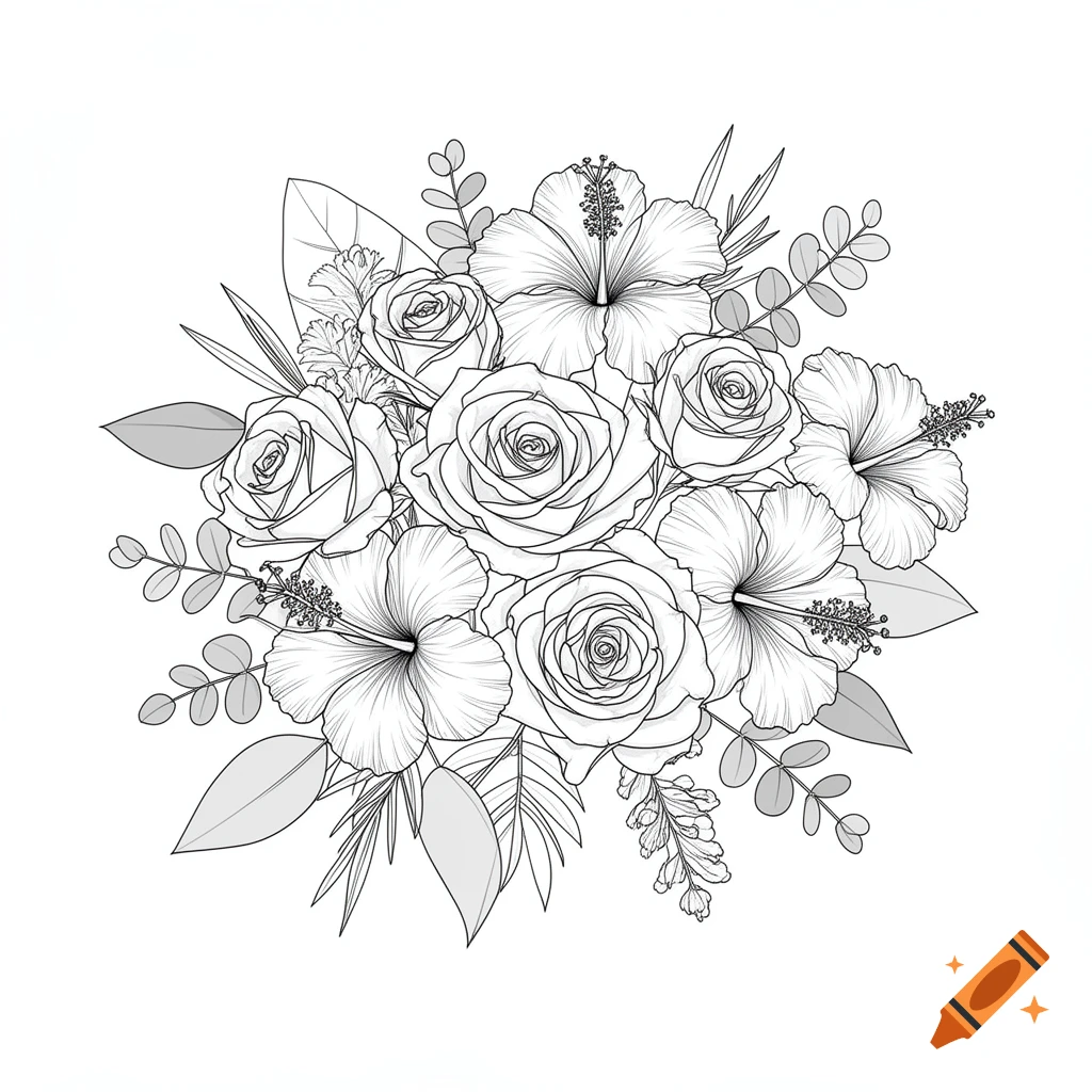 A black and white line drawing of a floral arrangement featuring roses, hibiscus, and eucalyptus leaves.