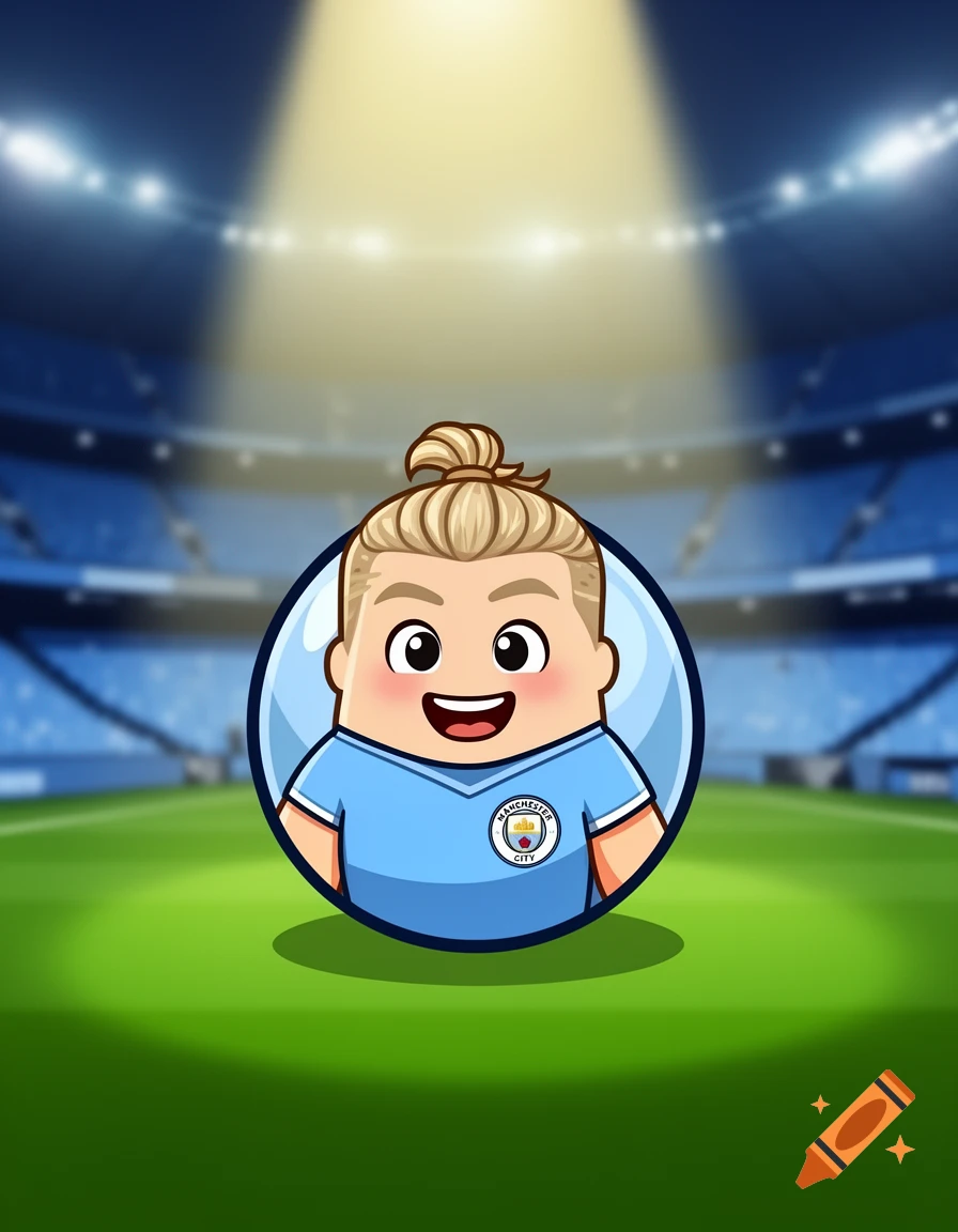 Chibi cartoon character resembling Haaland in a light blue Manchester City jersey, against a blurred football stadium background with a spotlight.